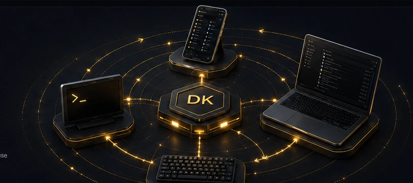 DK App Tools connected device showcase with phone, laptop, keyboard, and command console